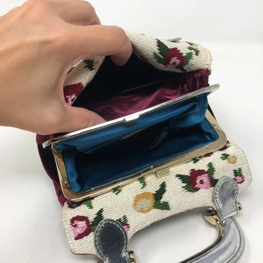 Fendi Velvet Handbag Small Burgundy‎ Red Needlepoint Chunky Handle Whimsigoth